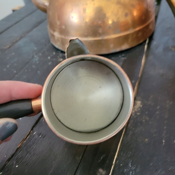 Vintage Copper Tea Pot Wooden Handle Set Water Steamer Measuring Cup - Picture 3 of 16